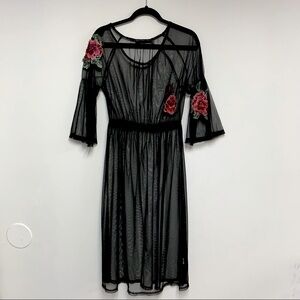 Potter’s Pot 90s Y2K Witchycore Sheer Mesh Floral Flutter Sleeve Midi Dress